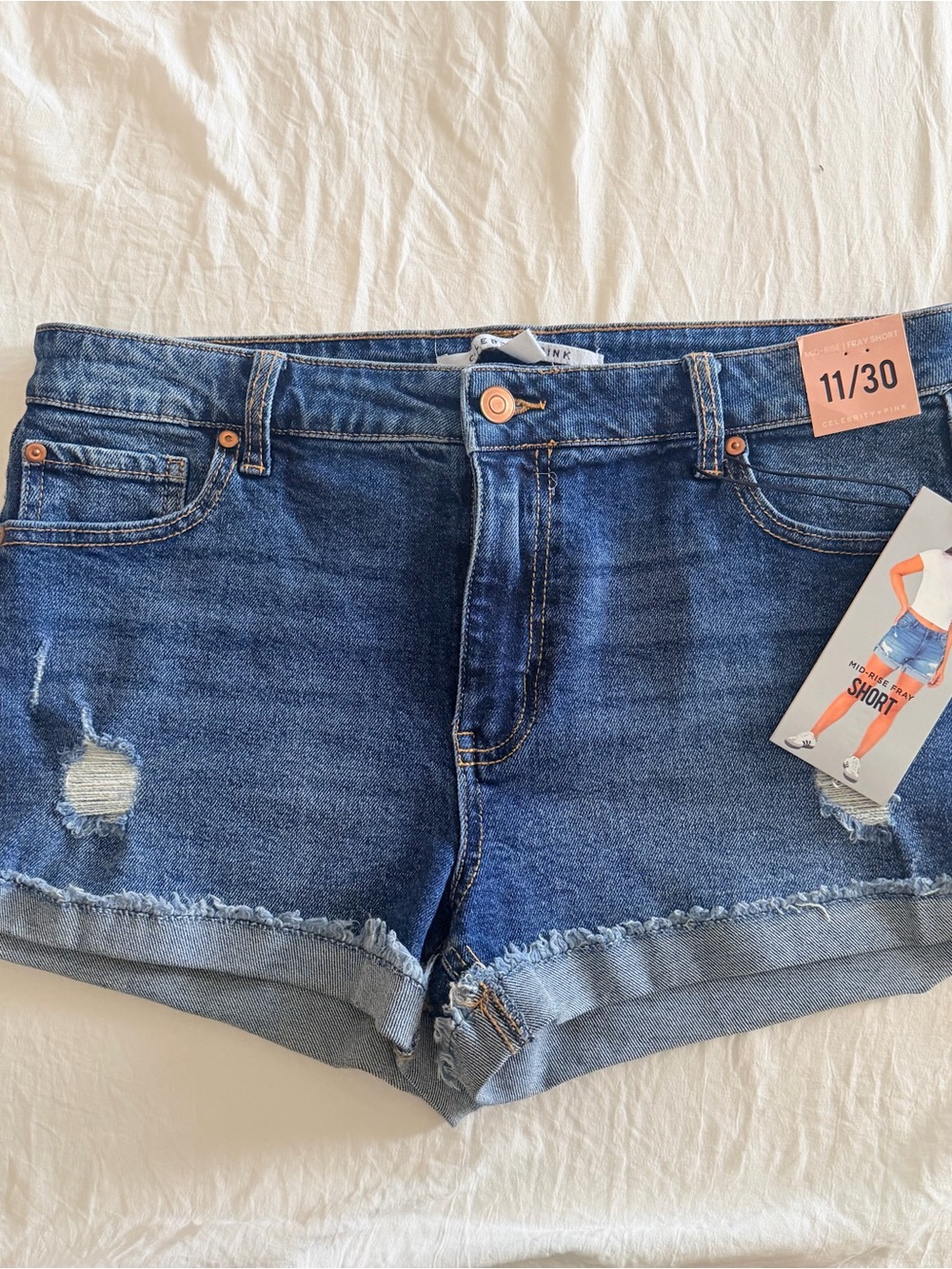 Celebrity Pink Mid Rise Fray Short Blue Distressed Denim Shorts